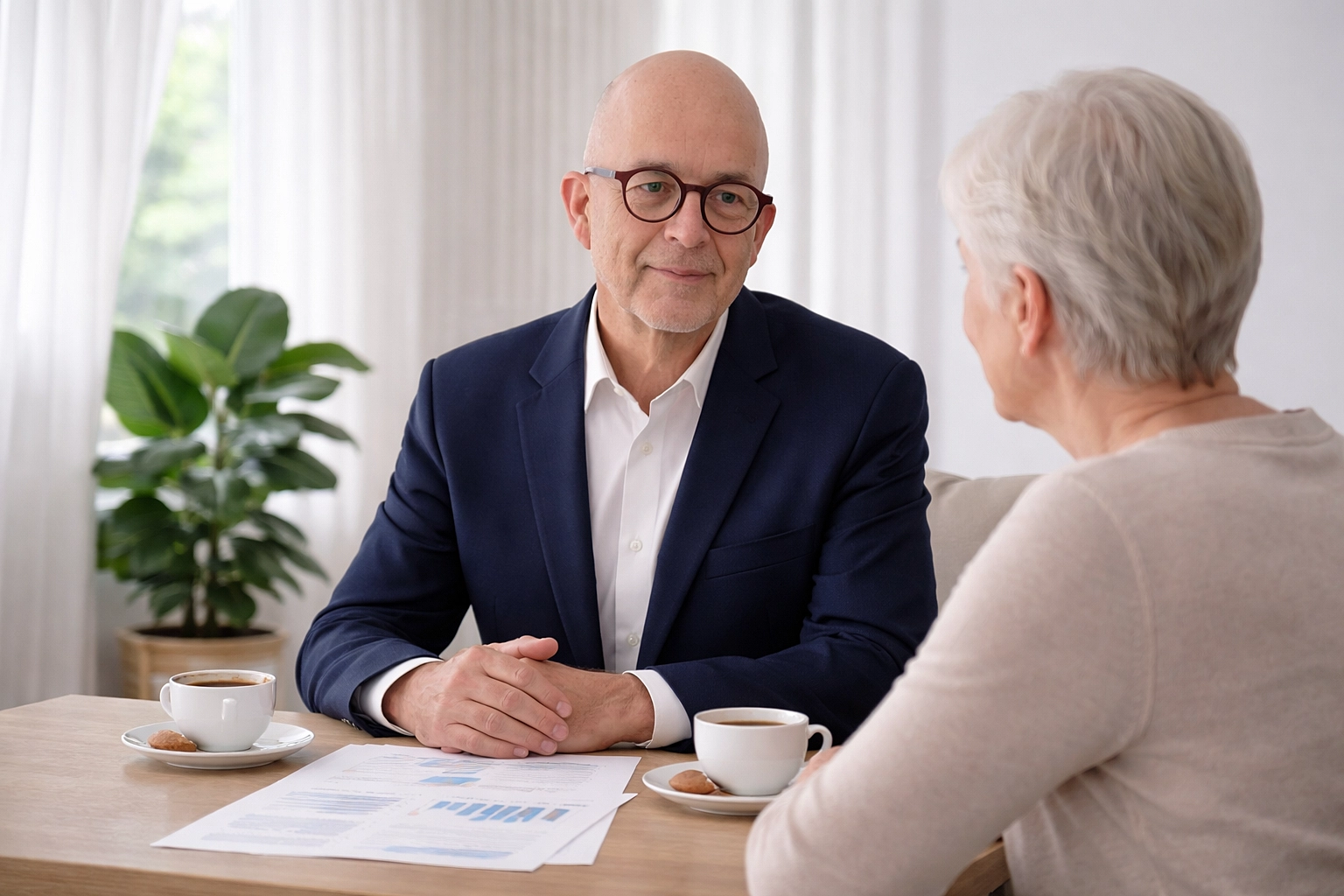mr. Wilbert van Vlijmen in gesprek met een oudere vrouw over deskundige Vermogensplanning voor Senioren